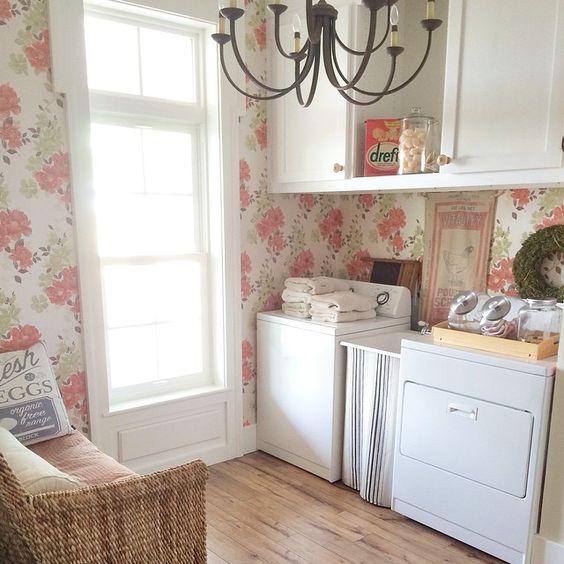 coral floral laundry room