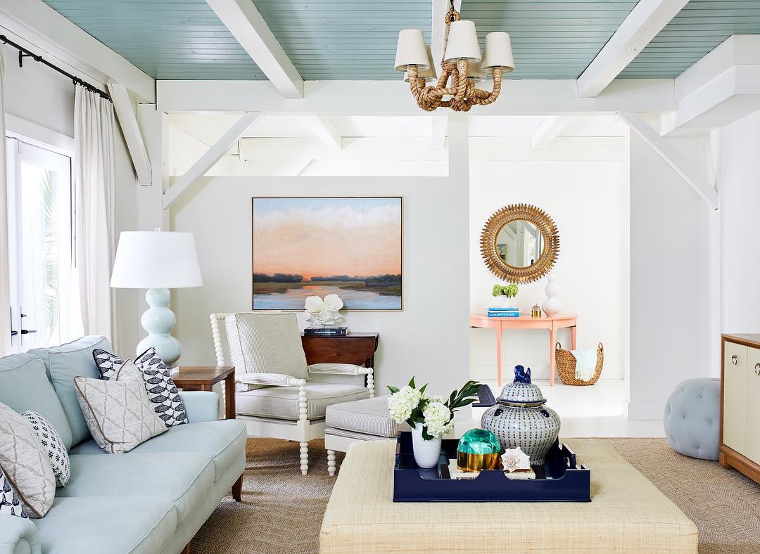 coastal living room with painted ceiling