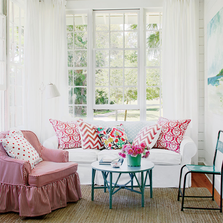 coral accented coastal living room